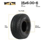 WEIZE 15×6.00-6 Lawn Mower Tire, 15×6-6 Tractor Turf Tire, 4 ply Tubeless, 570lbs Capacity, Set of 2