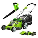 Greenworks 40V 20″ Cordless Electric Lawn Mower + 40V Sweeper (150 MPH), 4.0Ah + 2.0Ah Battery and Charger Included