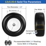 Datanly 2 Pcs 13×5.00-6 Flat Free Tire and Wheel Lawn Mower Tire and Wheel with 3/4″ & 5/8″ Grease Bushing Zero Turn Mower Front Solid Tire Assembly for Lawn, Garden Turf, 3.25″-5.9″ Centered Hub