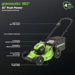 Greenworks 80V 21” Brushless (Push) Cordless Electric Lawn Mower + (500 CFM) Axial Leaf Blower + 13” String Trimmer (75+ Compatible Tools), (2) 2.0Ah Batteries and 30 Minute Rapid Charger