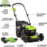 Greenworks 40V 20″ Cordless Lawn Mower,(500 CFM/120 MPH) Axial Leaf Blower,13″ String Trimmer with 3 replacement spools,Combo Kit w/ (1) 5Ah (1)2AH Battery, (2) 2A Chargers