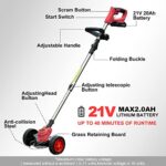 HUDAEN Cordless Grass Trimmer Weed Wacker, 3-in-1 String Trimmer Lawn Edger with 21V 2Ah Li-ion Battery for Garden and Yard with Wheel, Lightweight Adjustable Height Weed Eater Tool (Red)