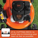 BLACK+DECKER 140cc OHV 21-Inch 2-in-1 Walk-Behind Push Gas Powered Lawn Mower – Perfect for Small to Medium Sized Yards – Side Discharge and Mulching Capabilities, Black and Orange