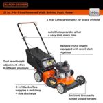 BLACK+DECKER 21 Inch 140cc 3-in-1 Gas Powered Walk Behind Push Mower – Side Discharge, Mulching, and Bagging Capabilities, Black and Orange