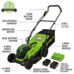 Greenworks 48V 14″ Brushless Cordless Lawn Mower, (2) 4.0Ah USB Batteries (USB Hub) and Dual Port Rapid Charger Included (2 x 24V)