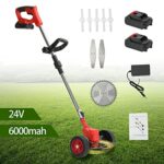 Erhigher Electric Lawn Mower with Battery, 24V 6000mAh Battery Supply Rechargeable Telescopic Rod D-Shaped Handle Cordless Electric Weed Lawn Eater Edger Red
