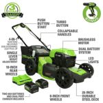 Greenworks 2 x 24V (48V) 20-Inch Brushless Push Mower, (2) 4Ah USB Batteries and Dual Port Rapid Charger + 24V Brushless Drill / Driver, MO48L4210-D