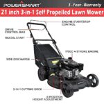 PowerSmart 21 in. 3-in-1 170cc Gas Self Propelled Lawn Mower, Gas Powered Walk-Behind Lawn Mowers, Self-propelled, Black
