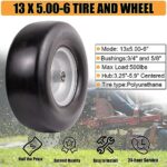 13×5.00-6 Flat Free Tire and Wheel,Front Zero-Turn Smooth Tire Assembly Replacement for Riding Lawn Mower Garden Tractor,with 3/4″ & 5/8″ Precision bearings,3.25″- 5.9″ Center Hub (2 Pack)