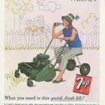 Wilted? 1962 7up ad woman on riding lawn mower