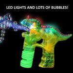 Haktoys Jurassic Dinosaur Bubble Gun Shooter Light Up Blower | Toy Bubble Blaster for Toddlers, Kids, Parties | LED Flashing Lights, Extra Refill Bottle, Sound-Free (Complementary Batteries Included)