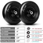 (2 Pack) Universal Fit 11×4.00-5 Flat Free Lawn Mower Tires and Wheel – Solid Rubber Lawnmower Tires with 3.4″ Centered Hub and 3/4″ Sintered Iron Bushings (Model Number 00232)