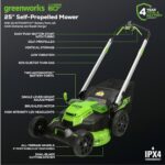 Greenworks 60V 25” Cordless (Self-Propelled) Lawn Mower (LED Lights + Aluminum Handles), 2 x 4.0Ah Batteries and Dual Port Rapid Charger