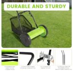 12-Inch Manual Lawn Mower with 5-Blades, Push Lawn Mower with Grass Catcher, Adjustable Cutting/Handle Height Grass Cutter, Four Wheeled Manual Push Mower (Green)