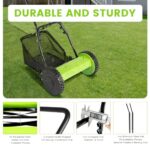 12-Inch Manual Lawn Mower with 5-Blades, Push Lawn Mower with Grass Catcher, Adjustable Cutting/Handle Height Grass Cutter, Four Wheeled Manual Push Mower (Green)