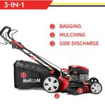 Mellcom Gas Lawn Mower 4-Cycle 173cc OHV 21-Inch Trimming Mower 4-in-1 Rear Wheel Drive Trimmer with 16 Gal Grass Box,8 Adjustable Mower Heights, Adjustable & Foldable Handlebars
