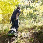 TAZZ One-Piece Steel Deck, 22” Cutting Swath, Never Kill, Fold Down Handlebars 35258 Walk-Behind String Mower/Trimmer, 150cc 4-Cycle Gas Engine, Large 14″ Wheels, Green